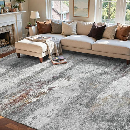 9x12 Ft Extra Large Washable Area Rugs for Living Room, Soft Non-Slip Modern Abstract Print Pattern Carpet for Bedroom Indoor Floor Nursery Home Decor (Grey/Gold-Brown/Red-Brown)