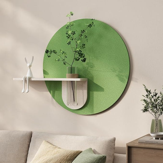 3D Sage Green Round Wall Art Decor with Shelf, Minimalist Green Sandstone Textured Artwork for Walls, Aesthetic Circle Wall Decor for Living Room, Hallway, Dining Room, Bedroom, Office, 24x24 Inch