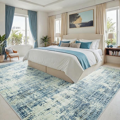 9x12 Area Rugs for Living Room Washable Rug: Anti-Skid Abstract Modern Living Room Rug Soft Thin Carpets Indoor Floor Non-Shedding Carpet for Bedroom Dining Farmhouse Nursery Blue Gray Gold