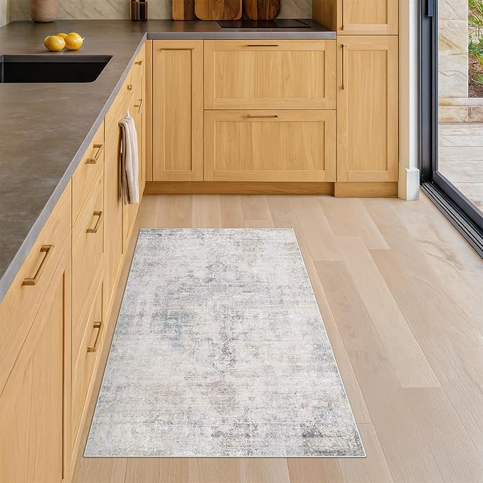 Blue and Gray 2x3 Washable Rug for Bathroom, Entryway Indoor, Kitchen Floor Waterproof, Powder Room, Non Slip Low Pile Stain & Fade Resistant Small Throw Rug, Modern Abstract Decor