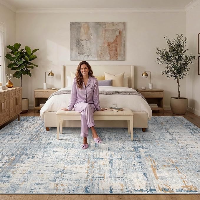Rugxara 10x14 Extra Large Washable Area Rug, Soft Abstract Vintage Rug for Living Room, Bedroom, Office, Farmhouse, Low Pile Imitation Wool Non Slip Carpet Ideal for High-Traffic Areas, Blue Beige