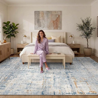 Rugxara 10x14 Extra Large Washable Area Rug, Soft Abstract Vintage Rug for Living Room, Bedroom, Office, Farmhouse, Low Pile Imitation Wool Non Slip Carpet Ideal for High-Traffic Areas, Blue Beige