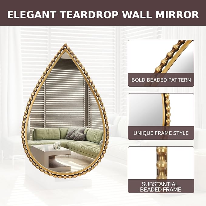 24x36 Inch Large Teardrop Wall Mirror with Bold Antique Gold Beaded Iron Metal Frame, Pointed Arch Vertical Vanity Mirror for Bathroom, Entryway, Bedroom, Living Room Wall Mounted