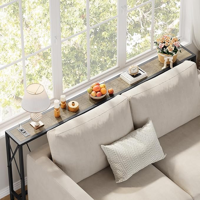 Gewudraw 70" Sofa Tables Narrow Long, Behind Couch Table with Oulets & USB Ports, Industrial Long Skinny Stand for Entryway,Hallway, Living Room, Bedroom 7.9" D x 70" W x 30.3" H