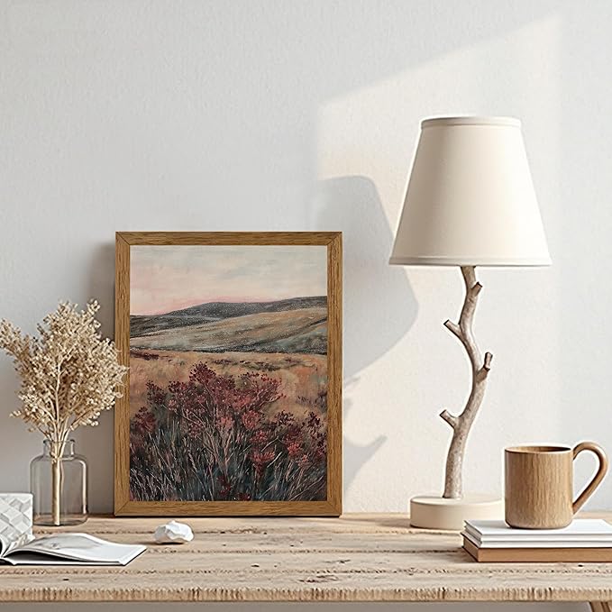 JLTULT Framed Vintage Landscape Canvas Wall Art, Maroon Flower Scenery Paintings Wall Decor, Maroon Dark Wildflower Picture Art Prints for Living Room Bedroom Office Decoration 8x10 inch Easy to Hang