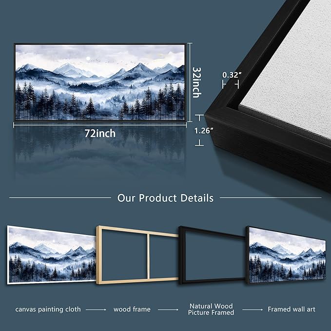 ERQINHUA Canvas Wall Art For Bedroom Large Wall Decor For Living Room Office Mural Misty and Fog Forest Painting Mountain Landscape Picture Artworks Home Decor Black Framed Ready To Hang 32x72 In