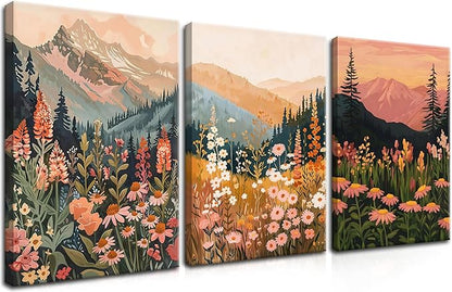 Framed Wildflower Mountain Landscape Wall Art Set of 3, Colorful Floral Wall Decor, Boho Sunset Landscape Canvas Artwork, Earth Tone Botanical Poster Prints for Living Room Bedroom 16x24 Inch