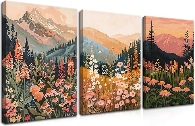 Framed Wildflower Mountain Landscape Wall Art Set of 3, Colorful Floral Wall Decor, Boho Sunset Landscape Canvas Artwork, Earth Tone Botanical Poster Prints for Living Room Bedroom 12x16 Inch