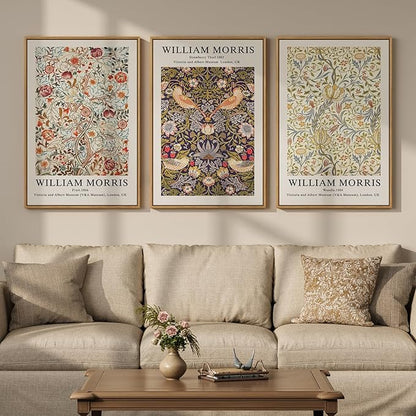 Large Framed William Morris Wall Art Set of 3, Vintage Strawberry Thief Canvas Artwork for Walls, Rustic Botanical Floral Art Prints for Living Room, Bedroom, Dining Room, Hallway, Office Wall Decor, Total Size 30x60 In