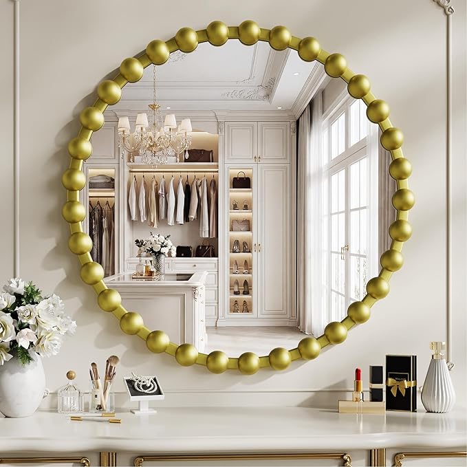 Round Mirror for Wall, 28 Inch Gold Round Vanity Mirror with Beaded Frame, Modern Decorative Wall Mirror for Bathroom, Entryway, Bedroom, Living Room, Gold