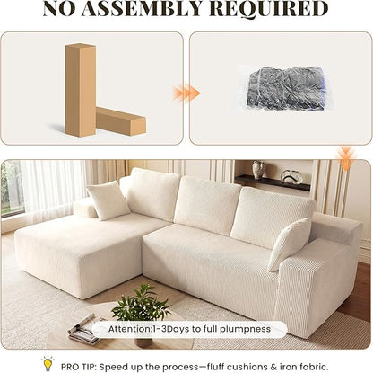GRUSIGN Cloud Sectional Boneless Couches for Living Room, Modular L Shaped Couch with Deep Seat Oversized Left Facing Chaise, Memory Foam Compressed Spineless 3 Seater Sofa for Apartment, Beige