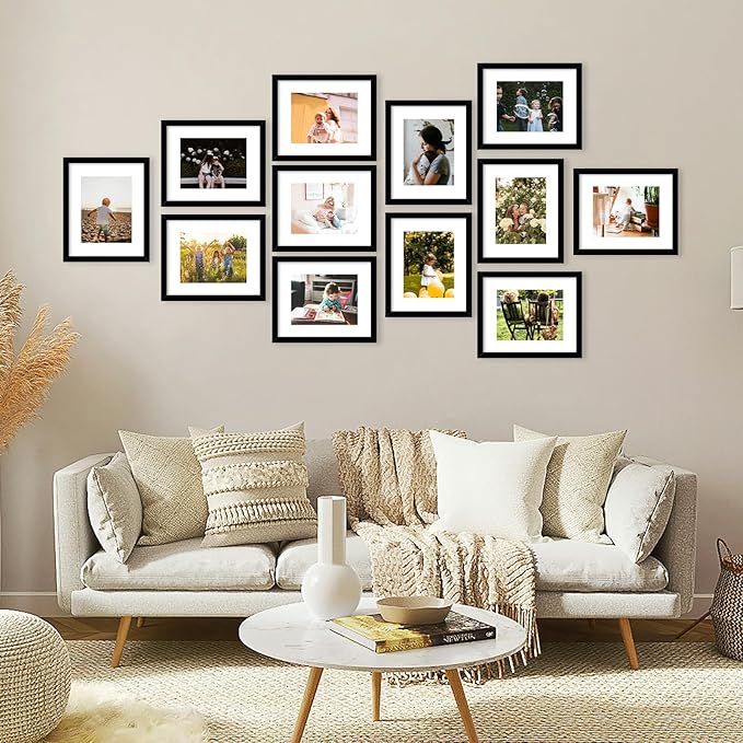 JCJMY 12 Packs 8.5 by 11 Picture Frames, Display 6x8 with Mat or 8.5x11 Without, for Award Certificate Diploma Document, 8.5 x 11 Frames Bulk Set of 12 Photo Frames Set for Wall and Tabletop, Black