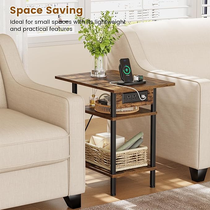 Asgolion Side Table with Charging Station, Skinny Nightstand with USB Ports and Outlets, 3 Tier Narrow End Table with Storage for Bedroom, Living Room, Office, Rustic Brown and Black