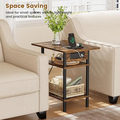 Asgolion Side Table with Charging Station, Skinny Nightstand with USB Ports and Outlets, 3 Tier Narrow End Table with Storage for Bedroom, Living Room, Office, Rustic Brown and Black