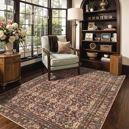 Rugxara Area Rugs for Living Room Bedroom, Washable Christmas Rug, Vintage Oriental Boho Rug, Non Slip & Low Pile Faux Wool Thin Accent Carpet for Indoor Dining Room, Kids Room and Office(Red 4x6ft)