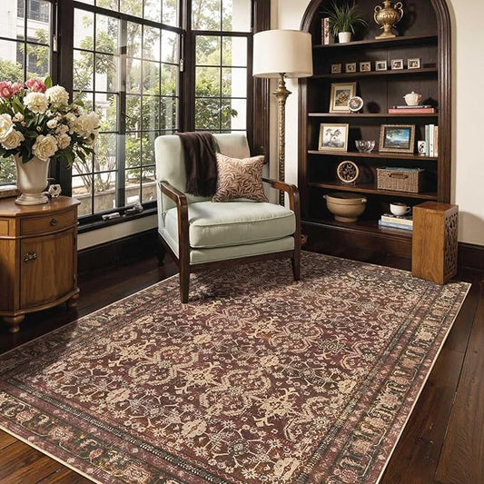 Rugxara Area Rugs for Living Room Bedroom, Washable Christmas Rug, Vintage Oriental Boho Rug, Non Slip & Low Pile Faux Wool Thin Accent Carpet for Indoor Dining Room, Kids Room and Office(Red 4x6ft)