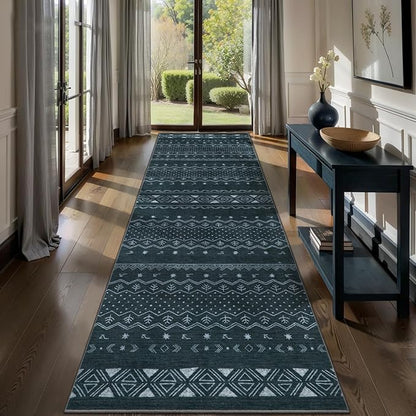SERISSA Hallway Runner Rug, 2x10 Washable Non-Slip Grey Boho Rug, Soft Low-Pile Geometric Indoor Long Carpet for Kitchen Laundry Room Bathroom Bedroom Entryway Stair