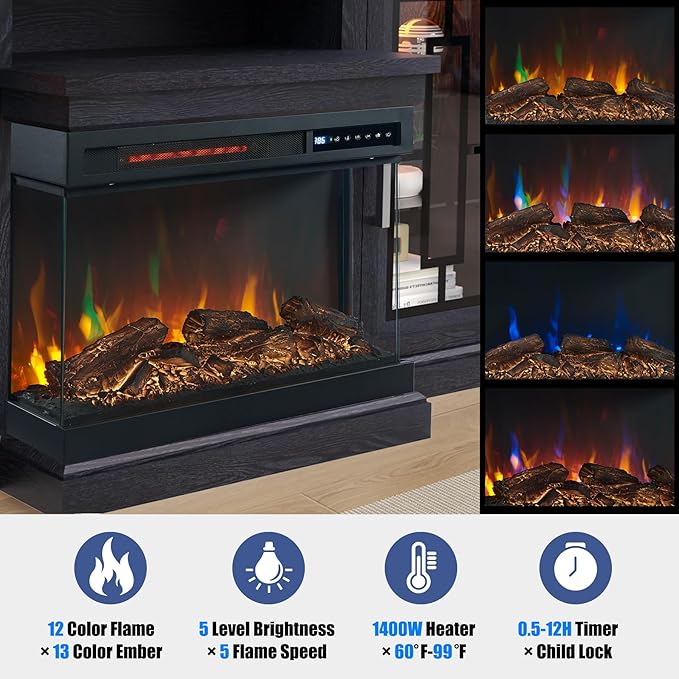 59 Inch LED TV Stand with 3-Side Glass Fireplace, Modern Media Entertainment Center Console Table for TVs up to 65 Inch with Adjustable Flame & LED Color, 24’’ Fireplace, Highboy, Black