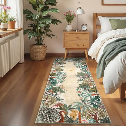 GarveeHome 2.5x8 Jungle Hallway Runner Rug, Soft Beige Animal Long Kitchen Runner Non Slip Entryway Rug Farmhouse Thin Laundry Mat Stain Resistant Carpet for Bathroom Beside