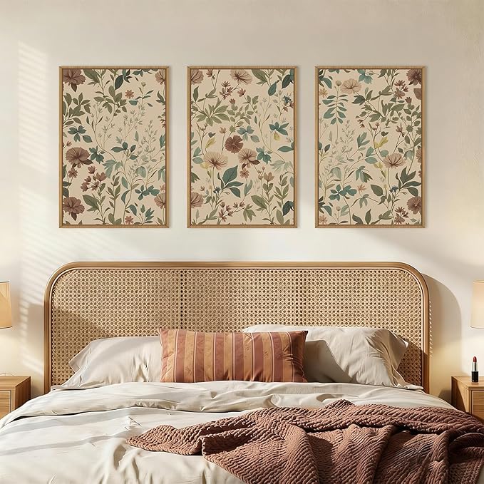 Aryroi Vintage Neutral Floral Earth Tone Botanical Framed Canvas Wall Art Set,Boho Abstract Classic Wildflower Aesthetic Wall Decor,Mid Century Modern Flower Artwork for Living Room Office- 24"x36"x3