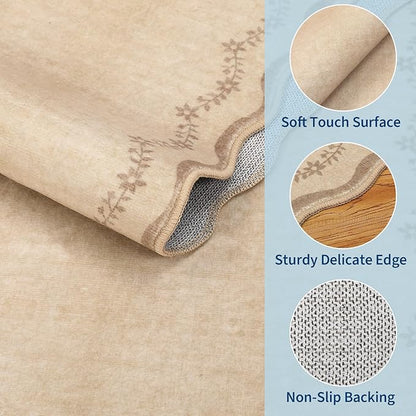 GarveeHome 2x6 Scalloped Washable Runner Rug for Kitchen, Soft Tan Jute Hallway Runner Non Slip Entryway Rug Farmhouse Thin Laundry Mat Stain Resistant Carpet for Bedroom Bathroom Beside Rug