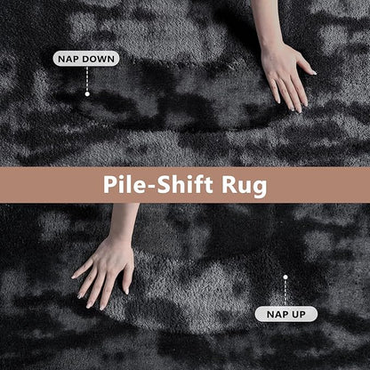 FinRèc 5x7 Washable Area Rugs for Bedroom Living Room, Low Pile Thin Ultra Soft Shag Rug, Non-Slip Carpet Indoor for Home Decor (Tie-dye Dark Grey)