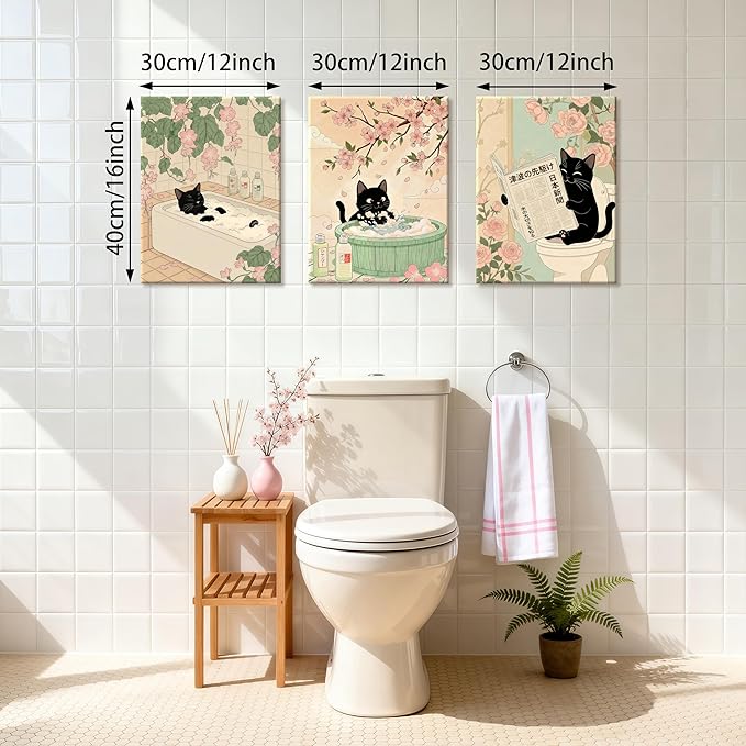 WENGTIAO Japanese Bathroom Wall Art Set of 3 Funny Black Cat Wall Paintings Cute Japan Cat Prints Pictures Animal on Toilet Photo Home Decor for Bathroom Restroom Laundry Room 12”x16”x3