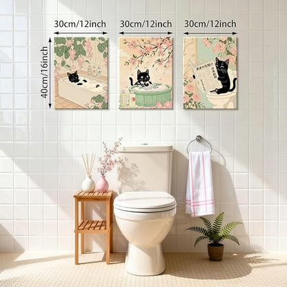 WENGTIAO Japanese Bathroom Wall Art Set of 3 Funny Black Cat Wall Paintings Cute Japan Cat Prints Pictures Animal on Toilet Photo Home Decor for Bathroom Restroom Laundry Room 12”x16”x3
