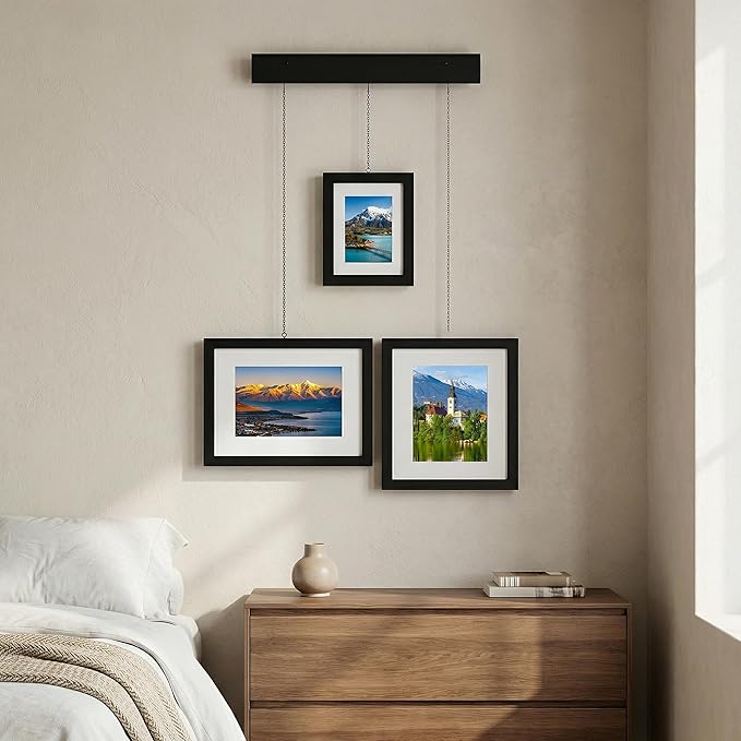 Solid Wood Gallery Wall Frame Set of 3, Black Hanging Picture Frames with Adjustable Chain Display, Fits 5x7 & 8x10 Photos, Acrylic Front, Modern Wall Decor