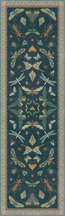 Hazo Haus 3x10 Washable Hallway Runner, Green Kitchen Rug with Boho Insect Décor, Foldable Indoor Carpet