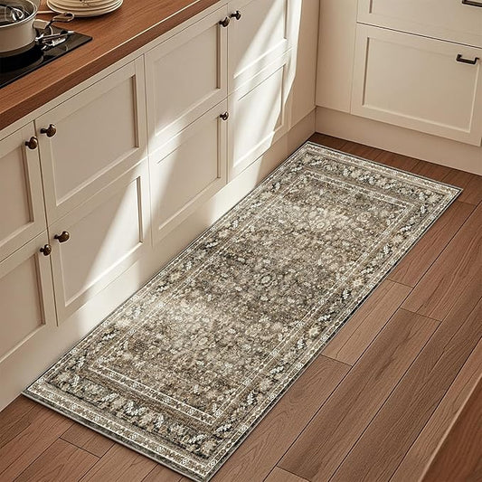 OPPODREAM Vintage Brown 2x6 Runner Rug, 2 x 6 Retro Washable Rug Non Slip, Low-Pile Faux Wool Carpet, Distressed Floor Mat for Kitchen, Hallway, Entry-Way, Entrance, Indoor Back Door