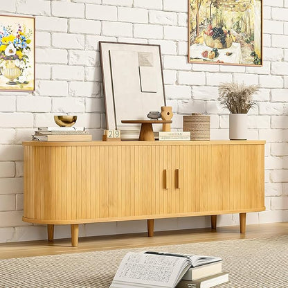 58" Mid Century Modern TV Stand, Wood TV Consoles with Sliding Doors and Power Outlet, Entertainment Center with Adjustable Shelves, Fluted TV Stands for Living Room, Oak