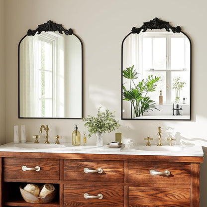 VooBang Vintage Arched Bathroom Mirror, 24x36 Inch Retro Wall Mounted Vanity Mirror with Carved Pattern Top and Metal Frame, Black Decorative Mirror for Hanging or Leaning