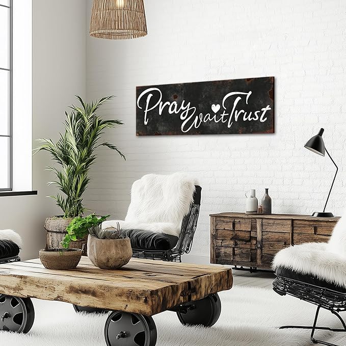 KREATIVE ARTS Pray Wait Trust Canvas Wall Art Rustic Faith Quote Sign Black and White Scripture Print Religious Christian Wall Decor for Bedroom Living Room Entryway Office Farmhouse Style Ready to Hang 20x55''