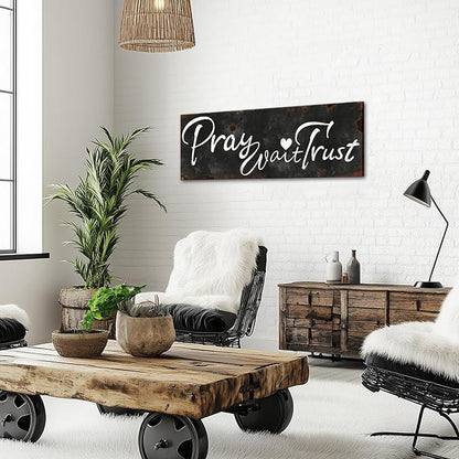 KREATIVE ARTS Pray Wait Trust Canvas Wall Art Rustic Faith Quote Sign Black and White Scripture Print Religious Christian Wall Decor for Bedroom Living Room Entryway Office Farmhouse Style Ready to Hang 20x55''