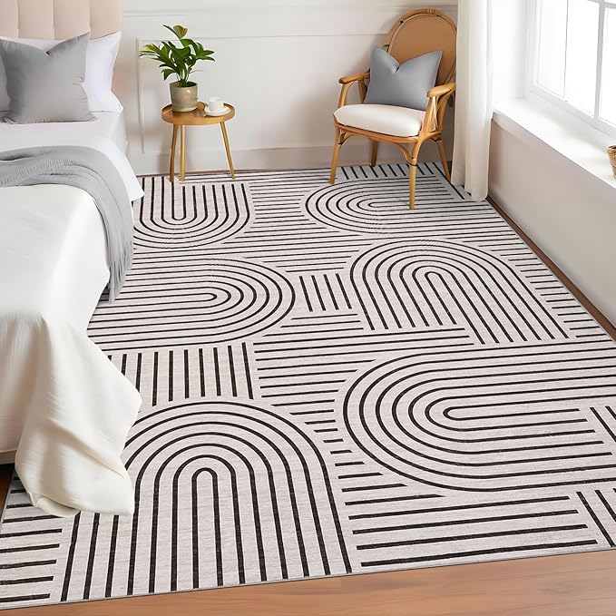 ROYHOME Washable Rug 8x10 Area Rugs for Living Room, Abstract Rug for Bedroom, Soft Rainbow Non Slip Rugs with Rubber Back, Low Pile Stain Resistant Boho Geometric Carpet for Dining Room, Light Camel