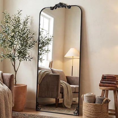 Antok Arched Full Length Mirror, 71"x32" Floor Mirror with Carved, Full Body Mirrors for HomeDecor, Standing/Halling Large Wall Mirror for Bedroom, Living Room, Cloakroom, Black, Luxury Style