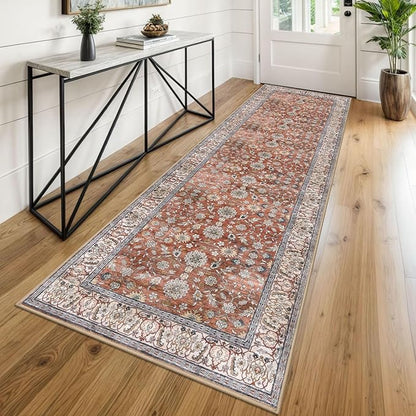 KUTA Vintage Washable Runner Rug, 2.6x8 Red Clay Runners for Hallways Non-Slip Kitchen Rugs Ultra Thin Soft Printed Distressed Oriental Floral Floor Carpet for Laundry Bedroom Living Room Nursery