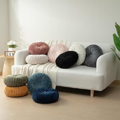 HIG Decorative Round Throw Pillows for Bed Couch -Set of 2 Handcraft Ruched Pumpkin Pillow, Soft and Durable Flannel Floor Pillow for Home Decor, Bed Living Room and Sofa (Black,14.5"x14.5")