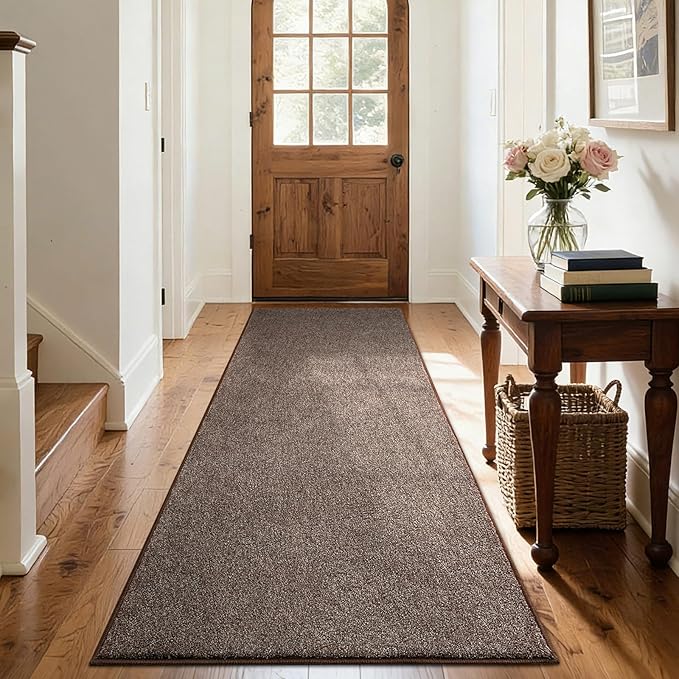 FinRèc 2x8 Washable Runner Rugs for Kitchen Hallway Bedroom, Low Pile Thin Rug Solid Color, Non-Slip Carpet Indoor for Home Decor (Brown/White)