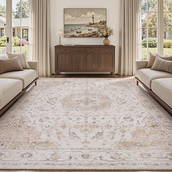 PADOOR 6X9 Area Rug,Rugs for Living Room,Soft Beige Rugs for Bedroom,Machine Washable Rug Non Slip Carpet for Dining Room Living Room Bedside Office