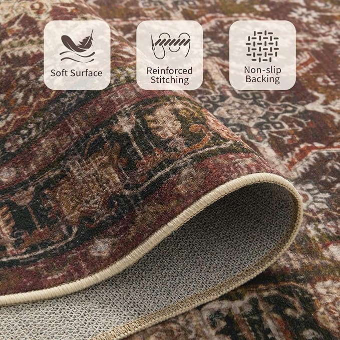Rugxara 8x10 Area Rugs for Living Room Bedroom, Large Washable Christmas Rug, Vintage Oriental Boho Rug, Non Slip & Low Pile Faux Wool Thin Carpet for Indoor Dining Room and Kids Room(Red 8x10ft)