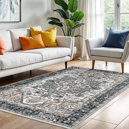 KOZYFLY Area Rug 4x6 Ft Washable Rugs for Entryway Non Slip Faux Wool Printed Throw Rug for Kitchen Bedroom Hallway Living Room Indoor Floor Decoration, Black/Taupe/Beige