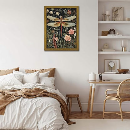 Framed Hand Drawn Sandstone Dragonfly Wall Art, Vintage 3D Textured Nature Botanical Wall Decor Pictures, Pink Flowers Print Painting for Living Room Kitchen Home Decor 12x16inch