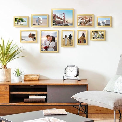 upsimples 10 Pack Picture Frames Collage Wall Decor for Mounting or Tabletop Display, Photo Gallery Frame Set for Family, Multi Sizes Including 8x10, 5x7, 4x6, Gold