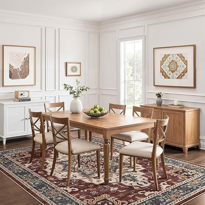 7x9 Area Rug Living Room: Washable Boho Large Neutral Vintage Soft Rug Stain Resistant Farmhouse Non-Slip Indoor Floor Retro Carpet for Bedroom Nursery Kids Office Dining Room- Burgundy