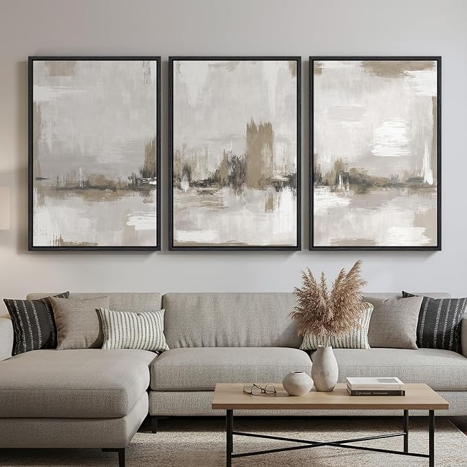 Large Framed Neutral Abstract Wall Art for Living Room, 3 Piece Brown Beige Canvas Artwork for Walls, Modern Minimalist Abstract Prints Paintings Pictures for Hallway Home Office Wall Decor, 24x36 In