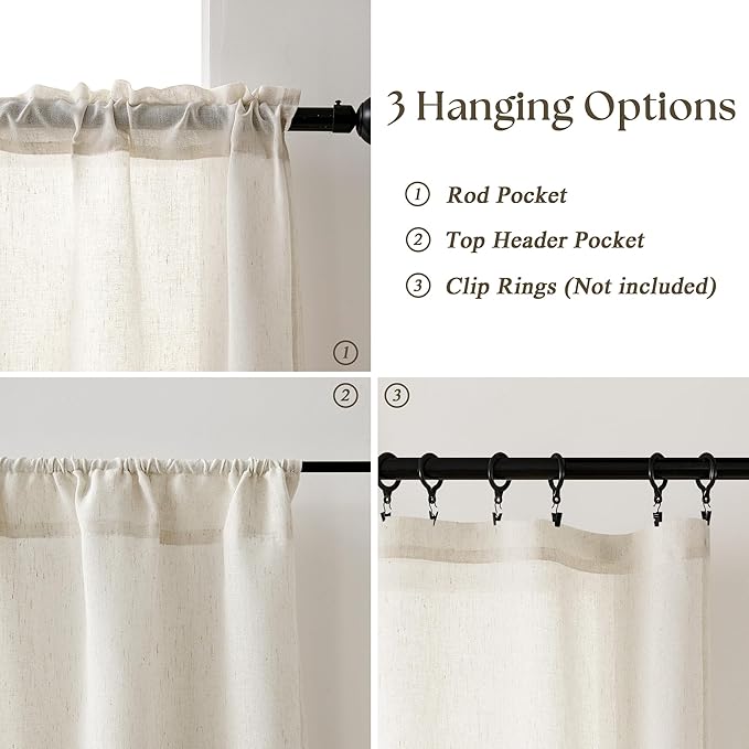 Small Curtains for Kitchen Windows 24 Inches Linen Natural Curtains Privacy Light Flitering Rod Pocket Drapes Rustic Boho Window Treatment for Laundry RV Campers, 2 Panels, 50x24 Inch