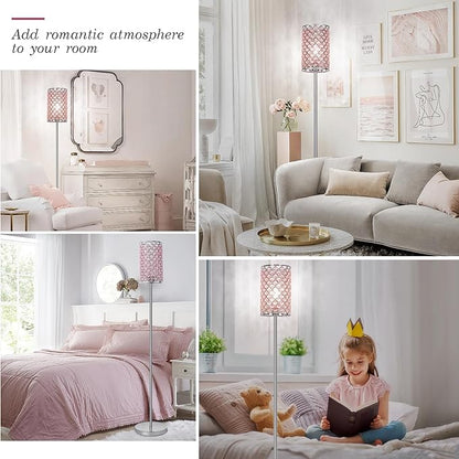 Crystal Floor Lamp for Bedroom, Silver Floor Lamp with Pink Shade, Girls Lamp with On/Off Foot Switch, Elegant Standing Light Tall Pole Lamp for Living Room, Dresser, Office (E26 Base)