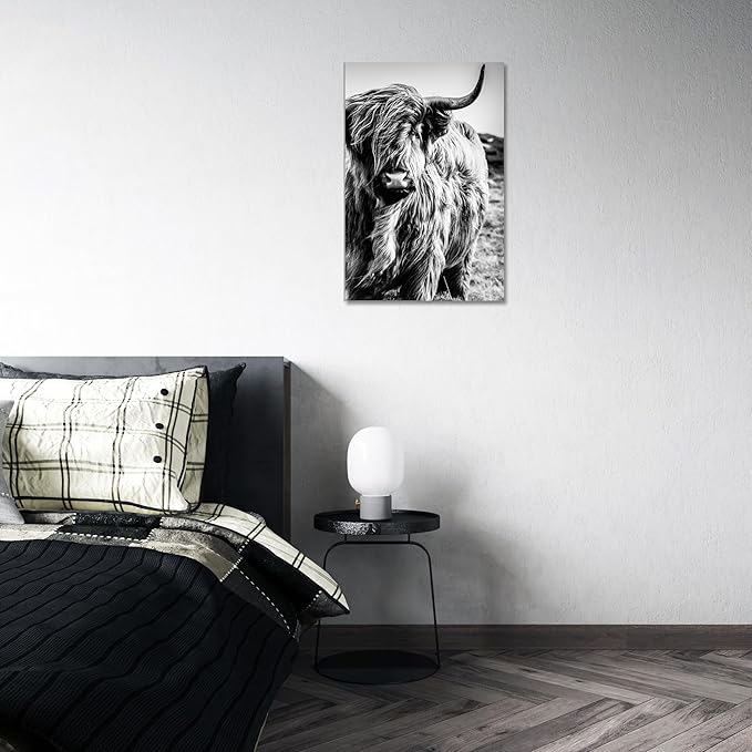 Highland Cow Wall Art Canvas Black and White Cow Picture Prints Framed Artwork for Bathroom Farmhouse Wall Decor (24x36inches)